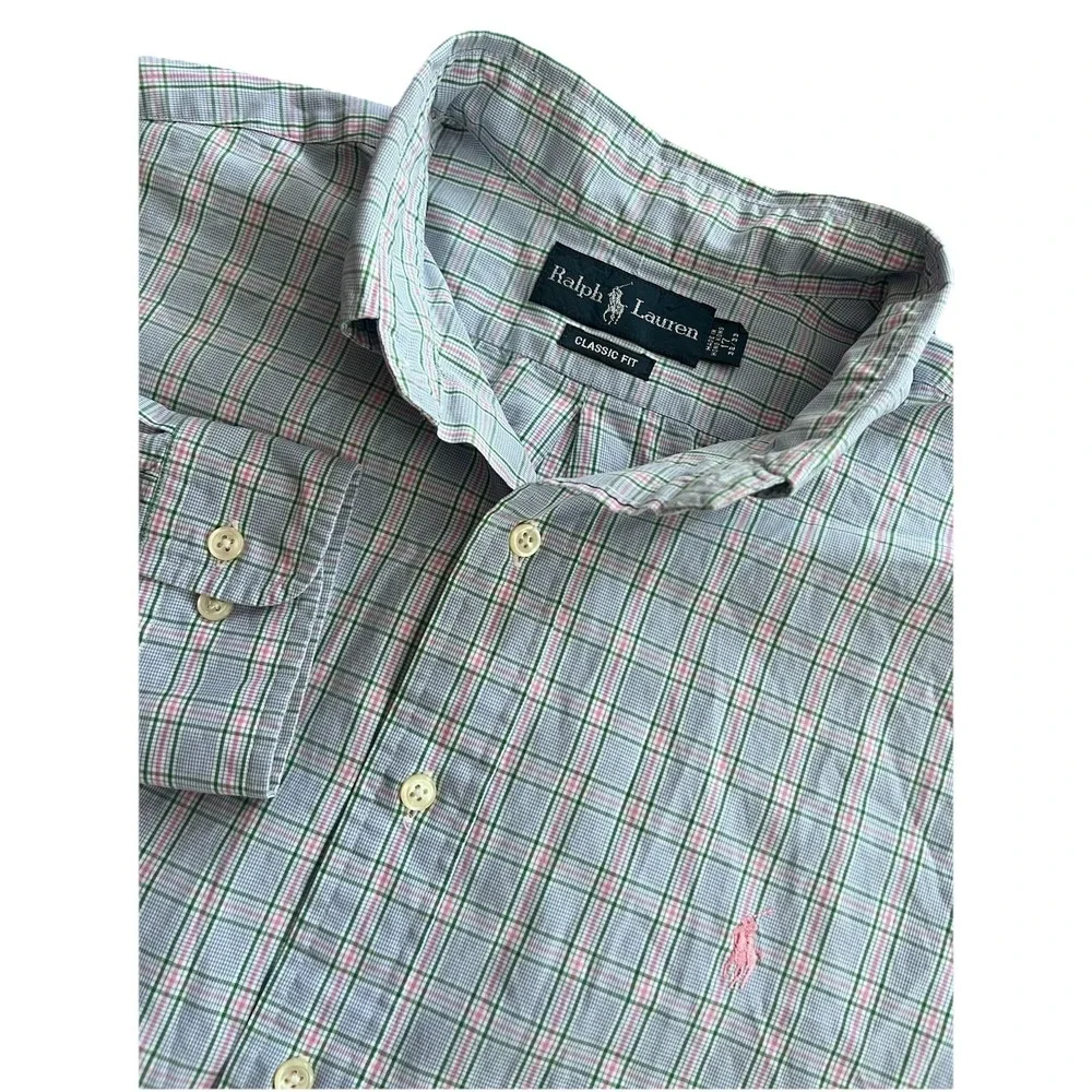Ralph Lauren Classic Fit‎ Blue Pink Plaid Check Button Down Shirt 17 32-33 XL L